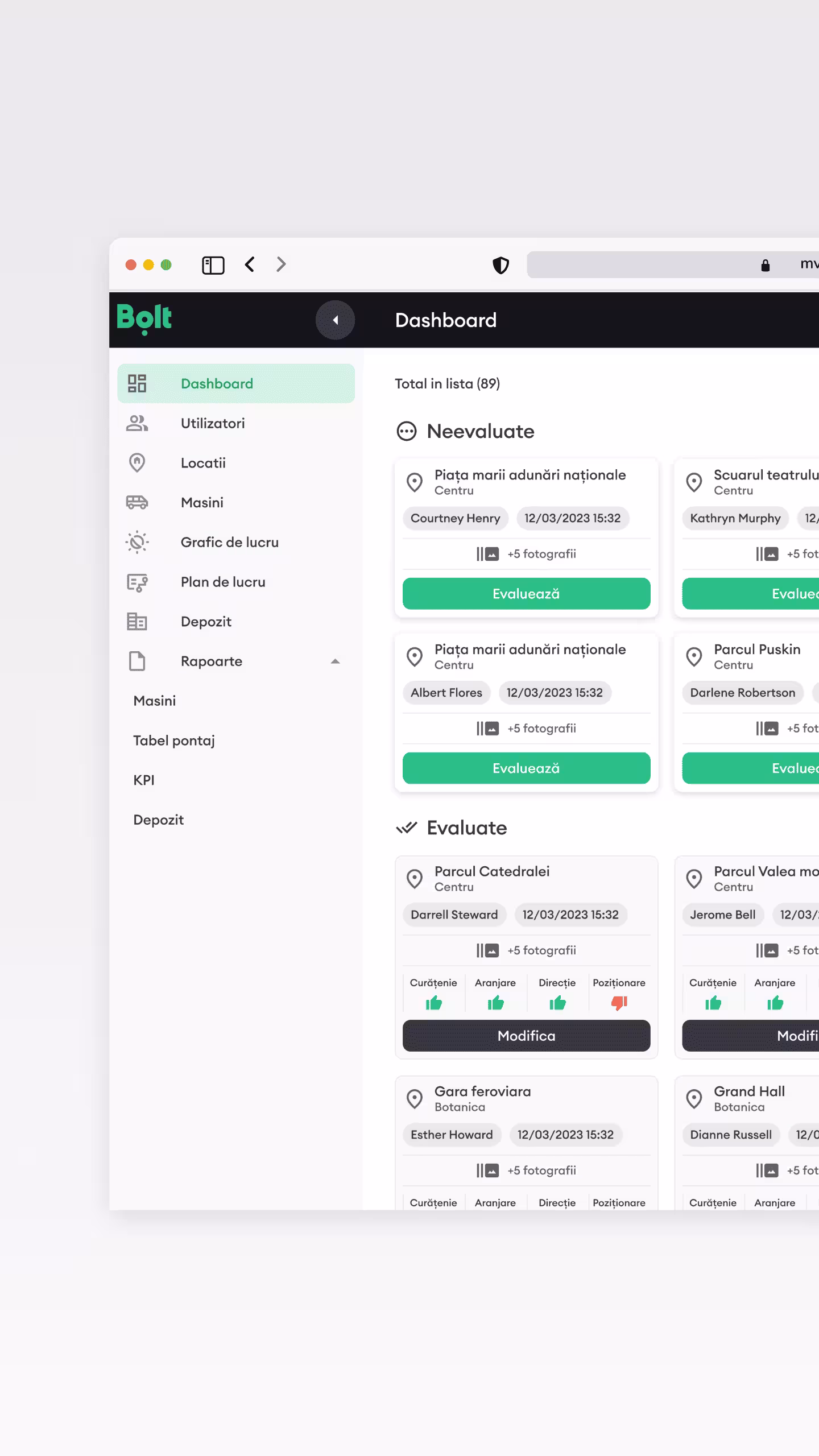 Bolt ERP Logistică Trotinete Moldova | Dashboard Management Flotă | Raportare sarcini executate, monitorizare operațiuni și evaluare intervenții echipe mentenanță