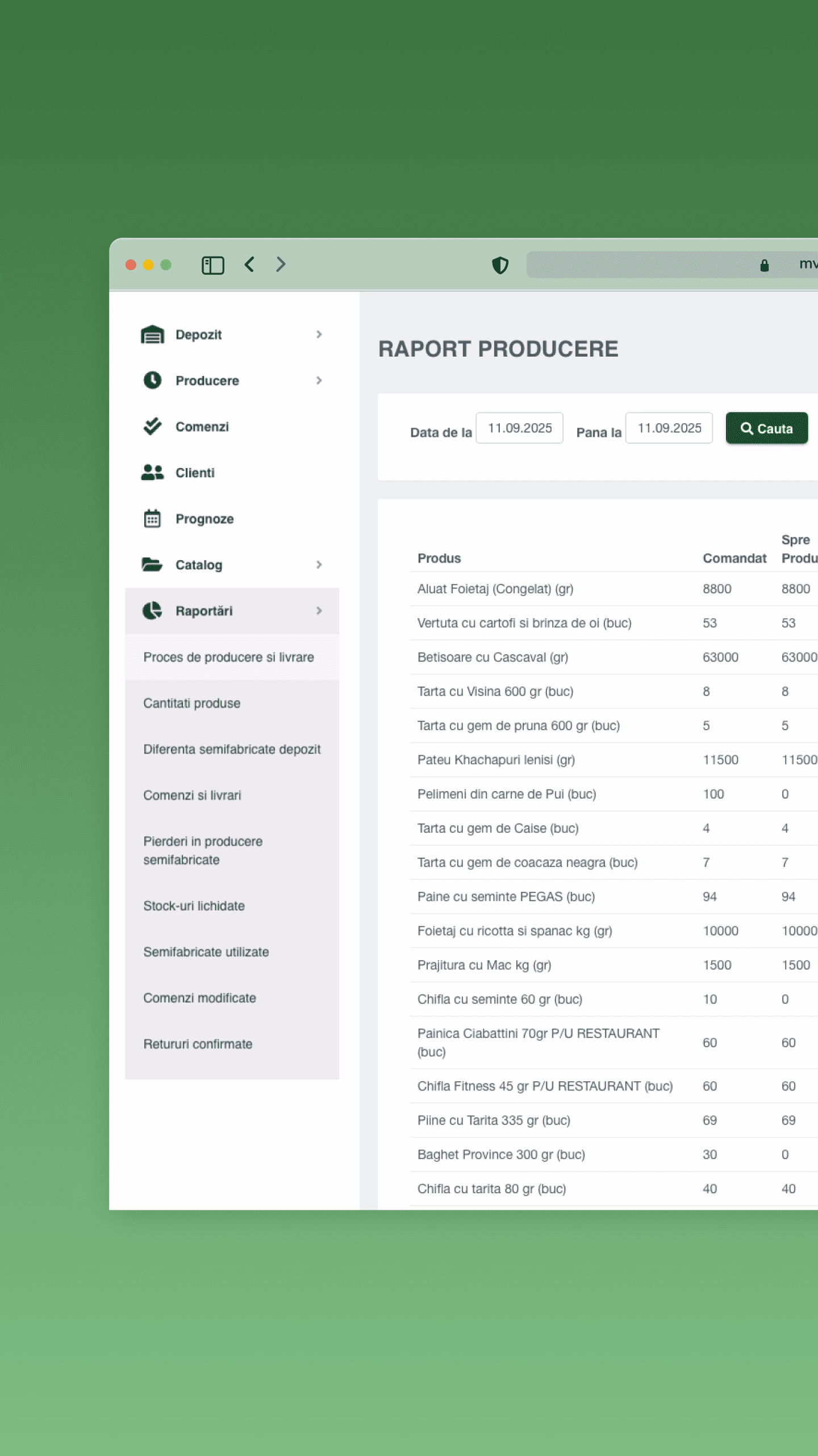 Pegas ERP Producție Brutărie Moldova | Web Monitorizare Producție | Dashboard pentru urmărirea volumelor produse și statusurilor pe linii de producere