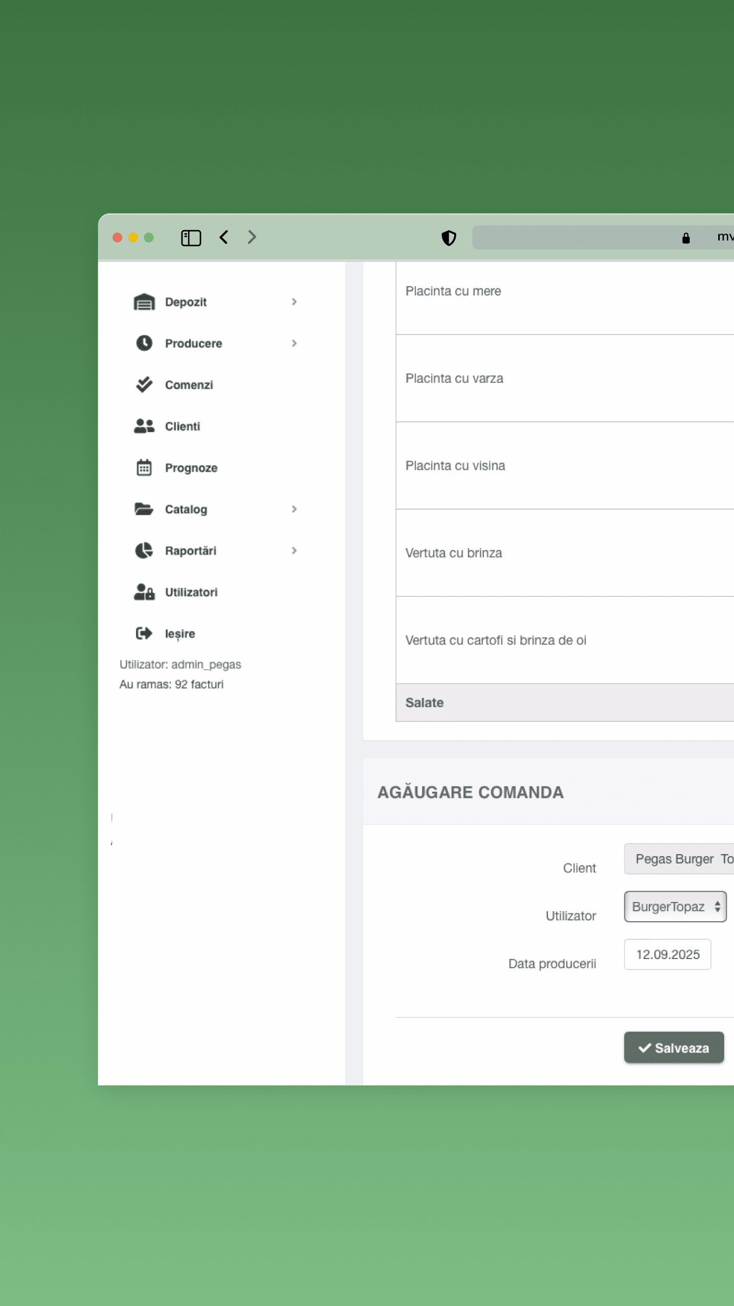 Pegas ERP Producție Brutărie Moldova | Portal Comenzi Clienți | Interfață web B2B pentru plasarea comenzilor directe de produse alimentare