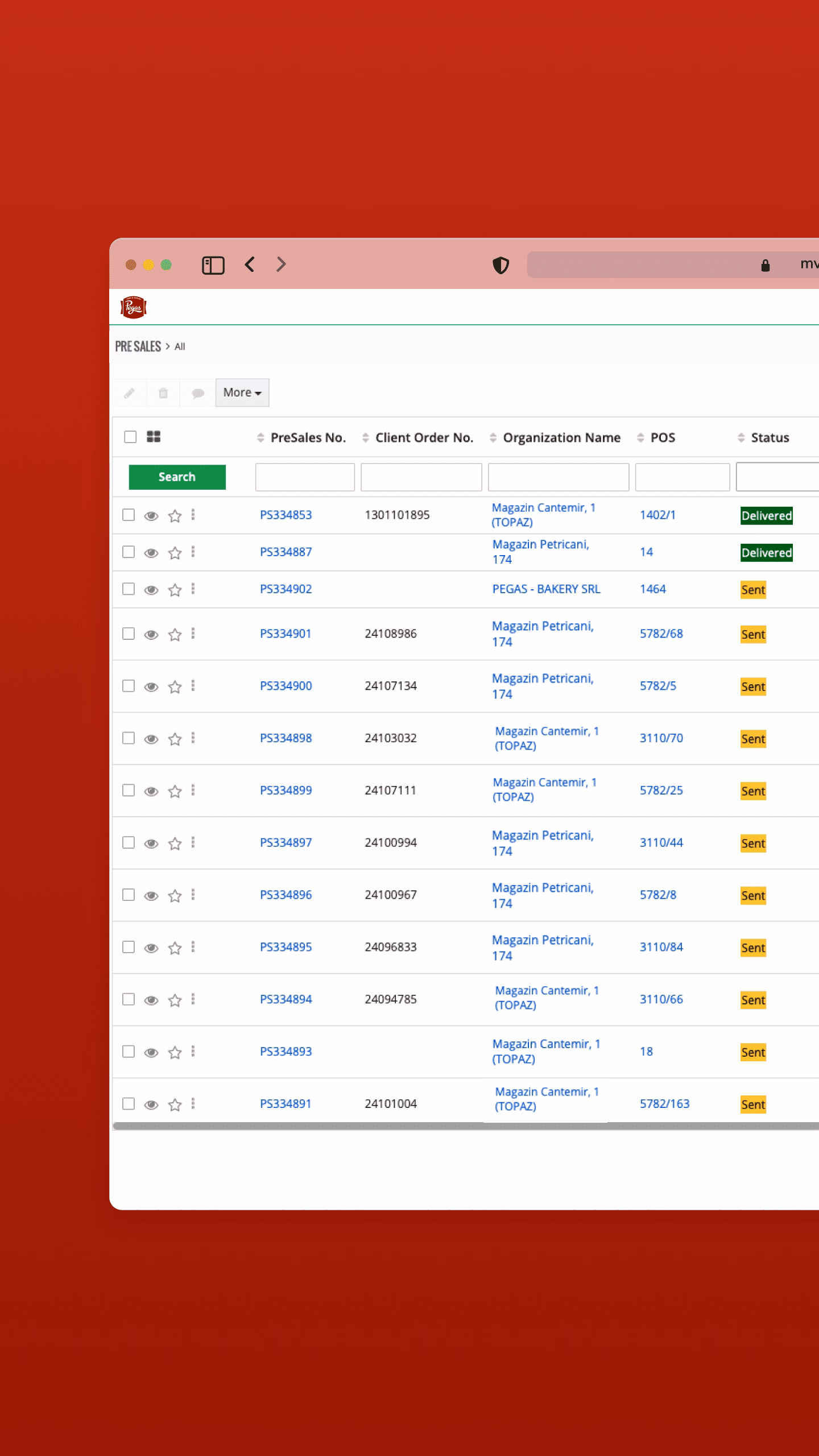 Pegas | CRM B2B distribuție | Status execuție comenzi | Monitorizare livrări și plăți în timp real