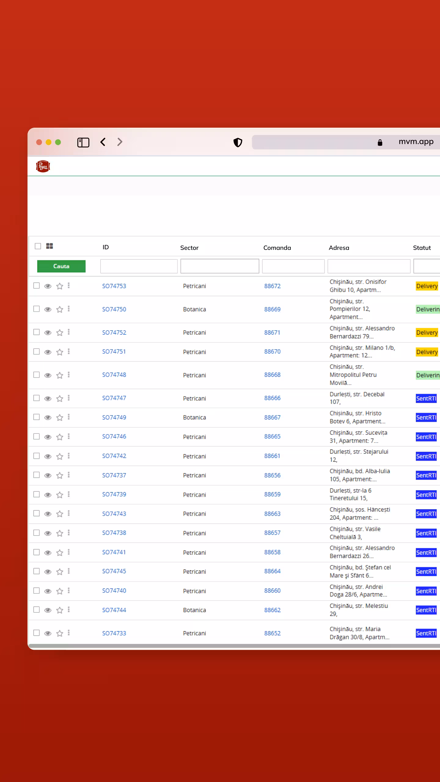Pegas Aplicație Mobilă Livrare Comenzi Moldova | CRM Web Backoffice | Monitorizare comenzi și statusuri de execuție