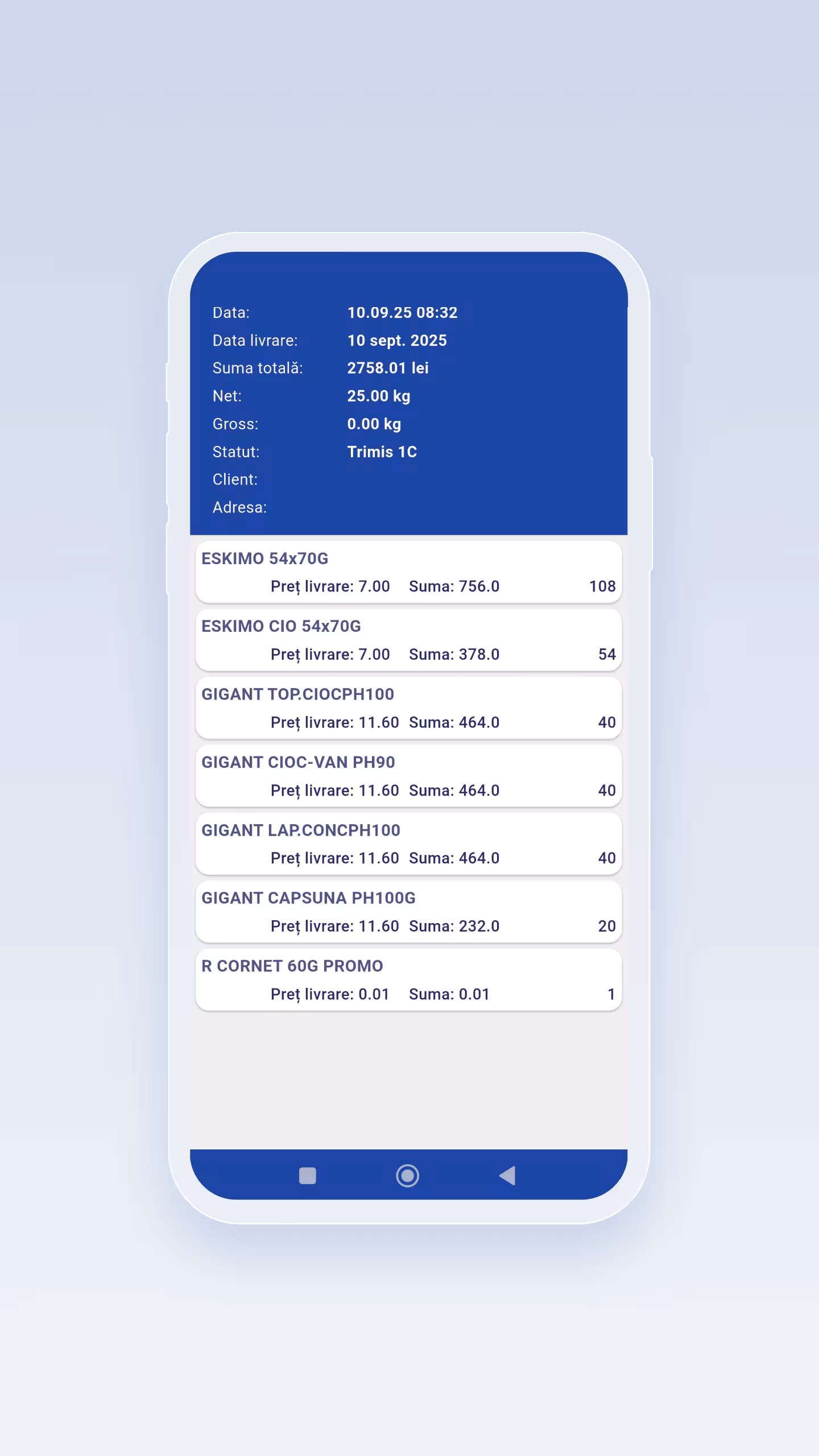 JLC Moldova Platformă Digitală Livrări FMCG | Previzualizare comandă și listă produse comandate cu trasabilitate completă