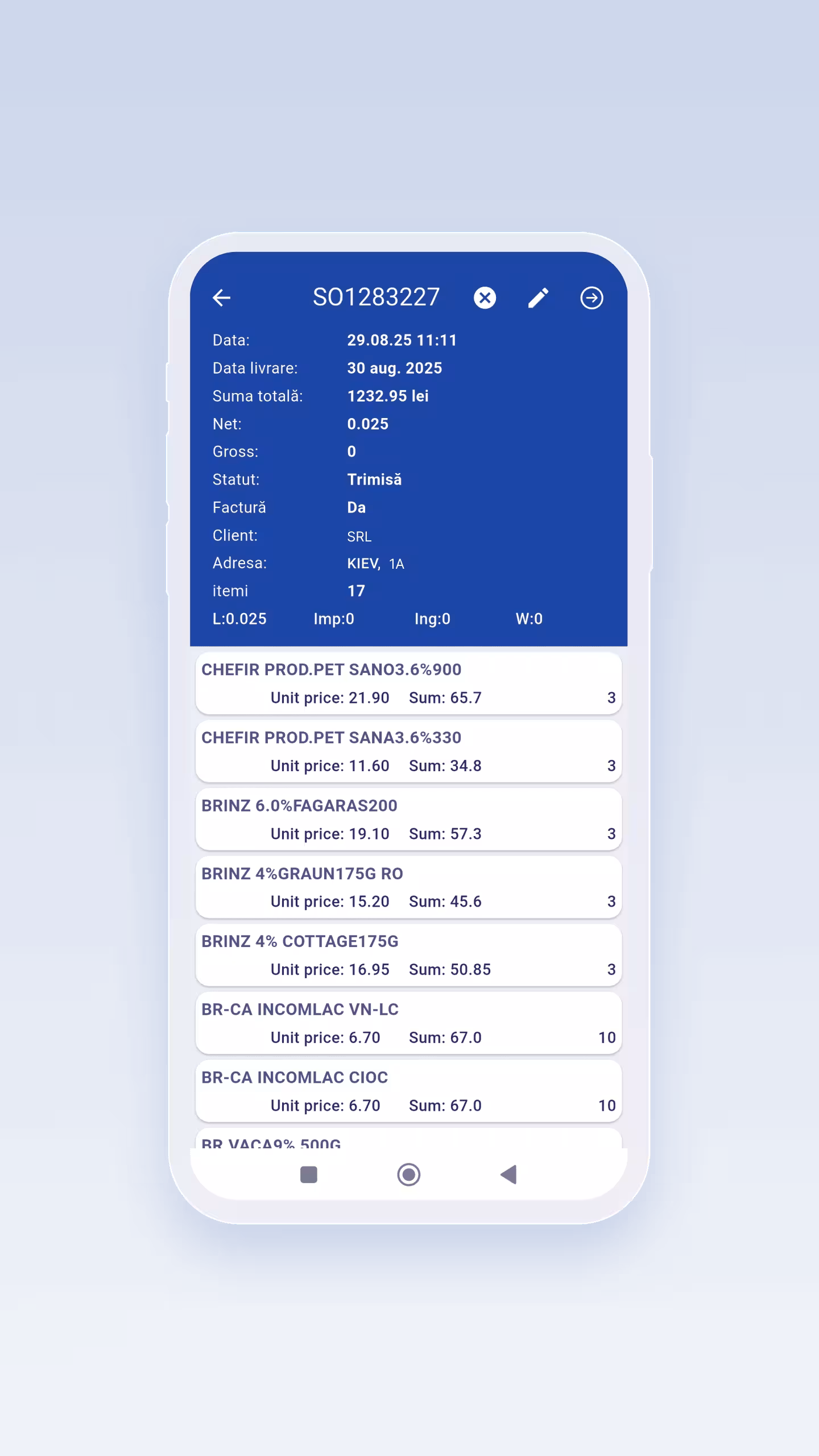 JLC | Aplicație FMCG | Previzualizare comandă client | Detalii produse și status procesare 	•	Vizibil utilizator: Detalii comandă client