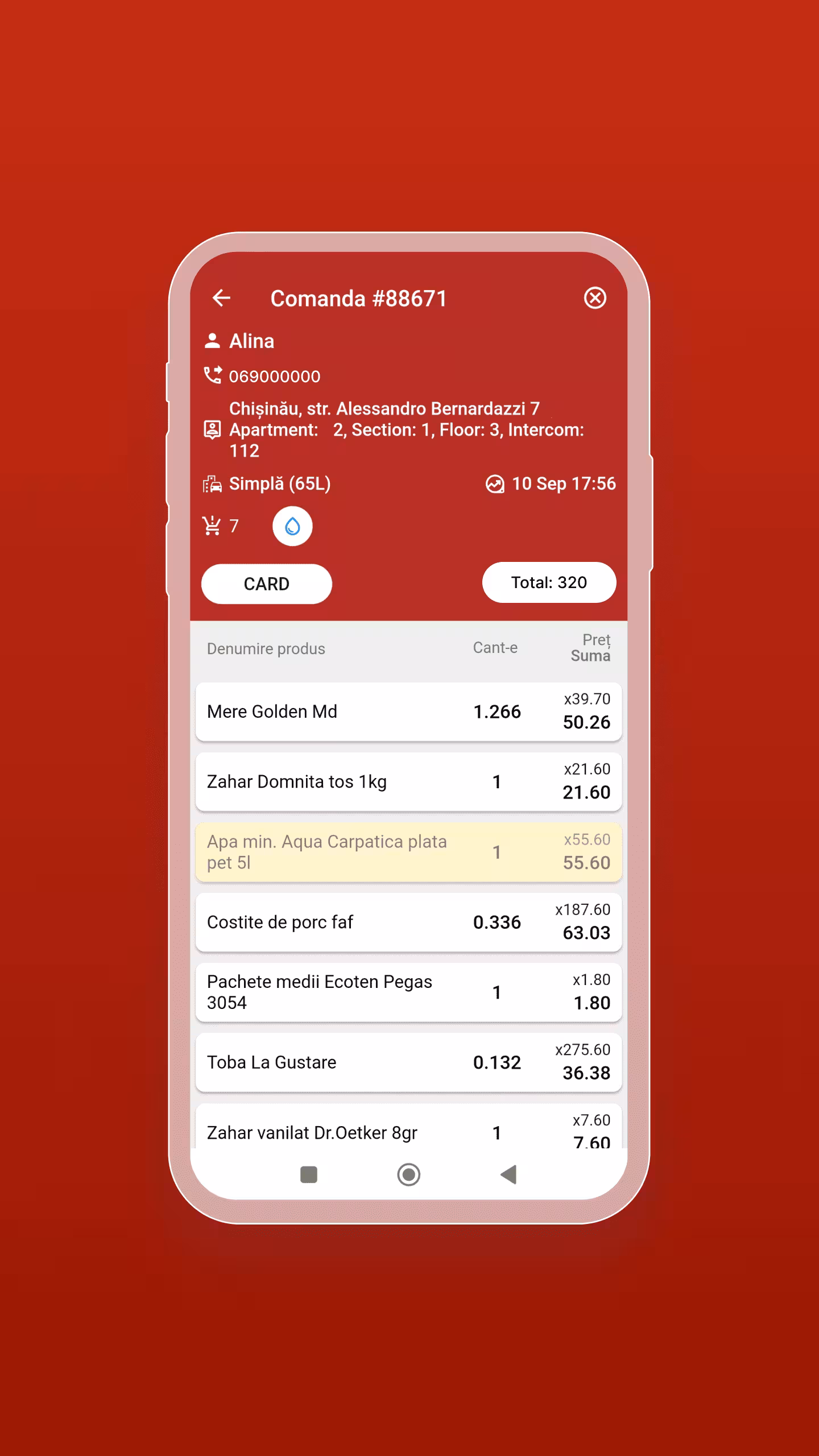 Pegas Aplicație Mobilă Livrare Comenzi Moldova | Detalii comandă și produse colectate pentru livrare la client