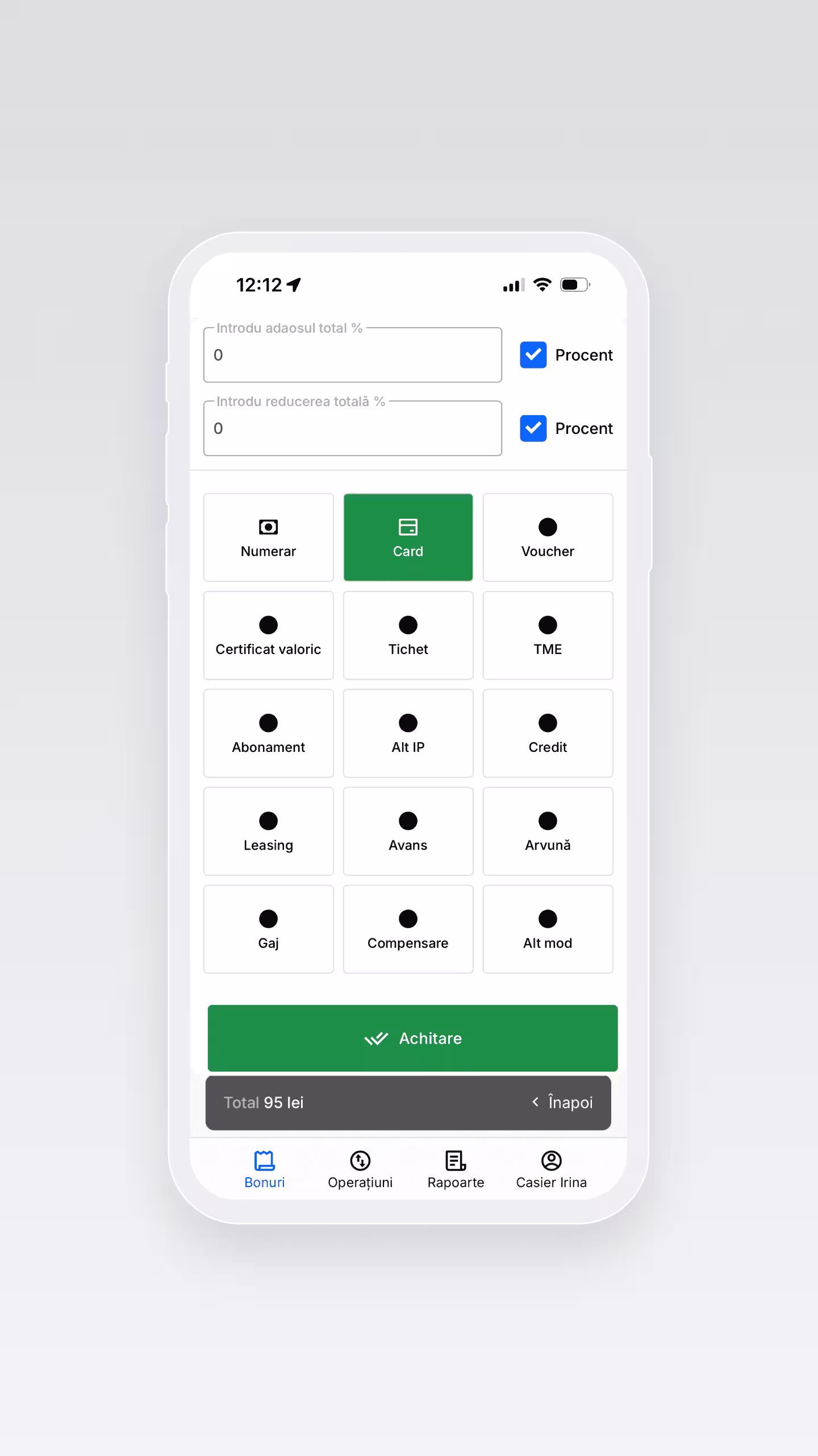 Fiscal Partner | Soluție Fiscală Integrată | Interfață intuitivă pentru alegerea metodei de plată: numerar, card, tap2phone sau MIA | Flexibilitate completă în operațiunile de plată