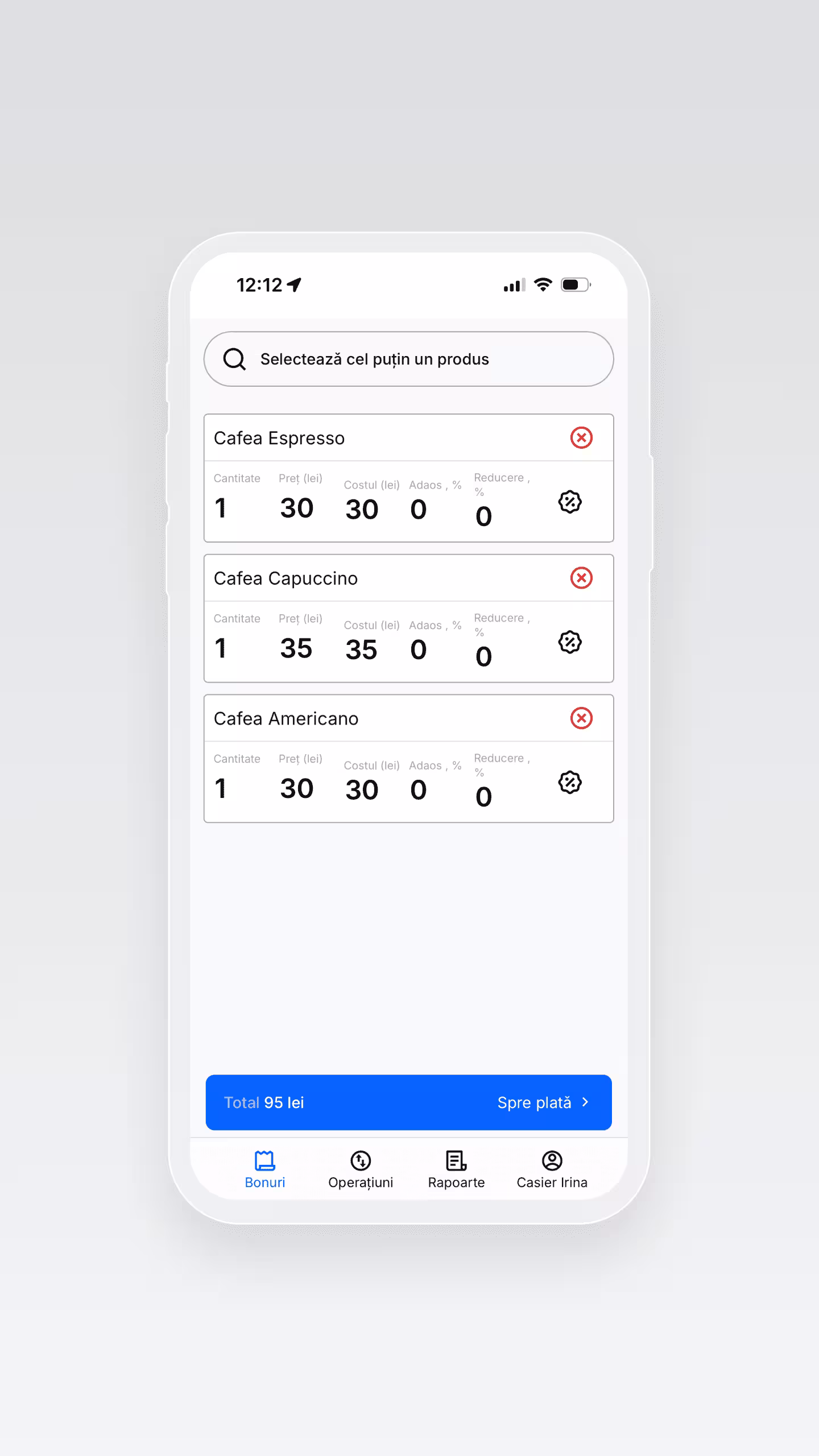 Fiscal Partner | Aplicație Fiscală pentru Casieri | Interfață mobilă pentru selectarea rapidă a produselor din catalog | Simplificarea procesului de vânzare și emitere bonuri