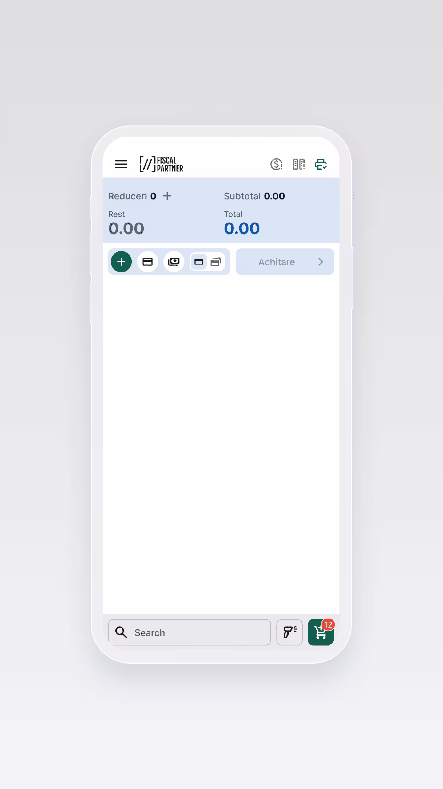 Fiscal Partner | Creare bon fiscal electronic din aplicația mobilă | Selectare sau scanare produse și servicii pentru încasare rapidă și fiscalizare automată