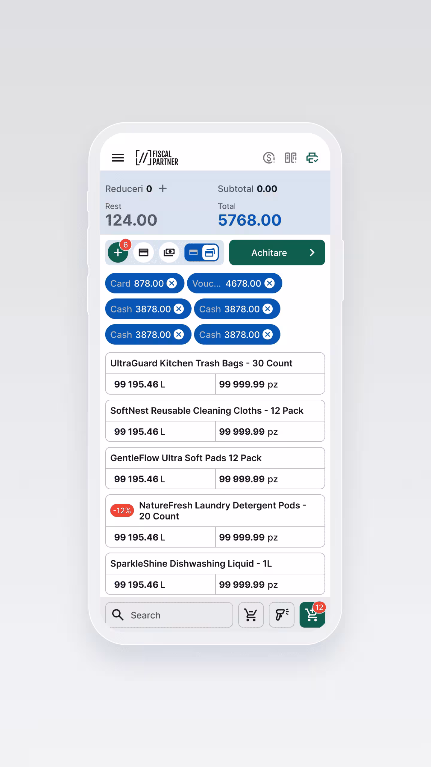 Fiscal Partner | Proces de plată în aplicația fiscală | Acceptă plăți numerar, card și contactless (NFC, Tap2Phone, MIA) | Emitere instantă bon fiscal electronic