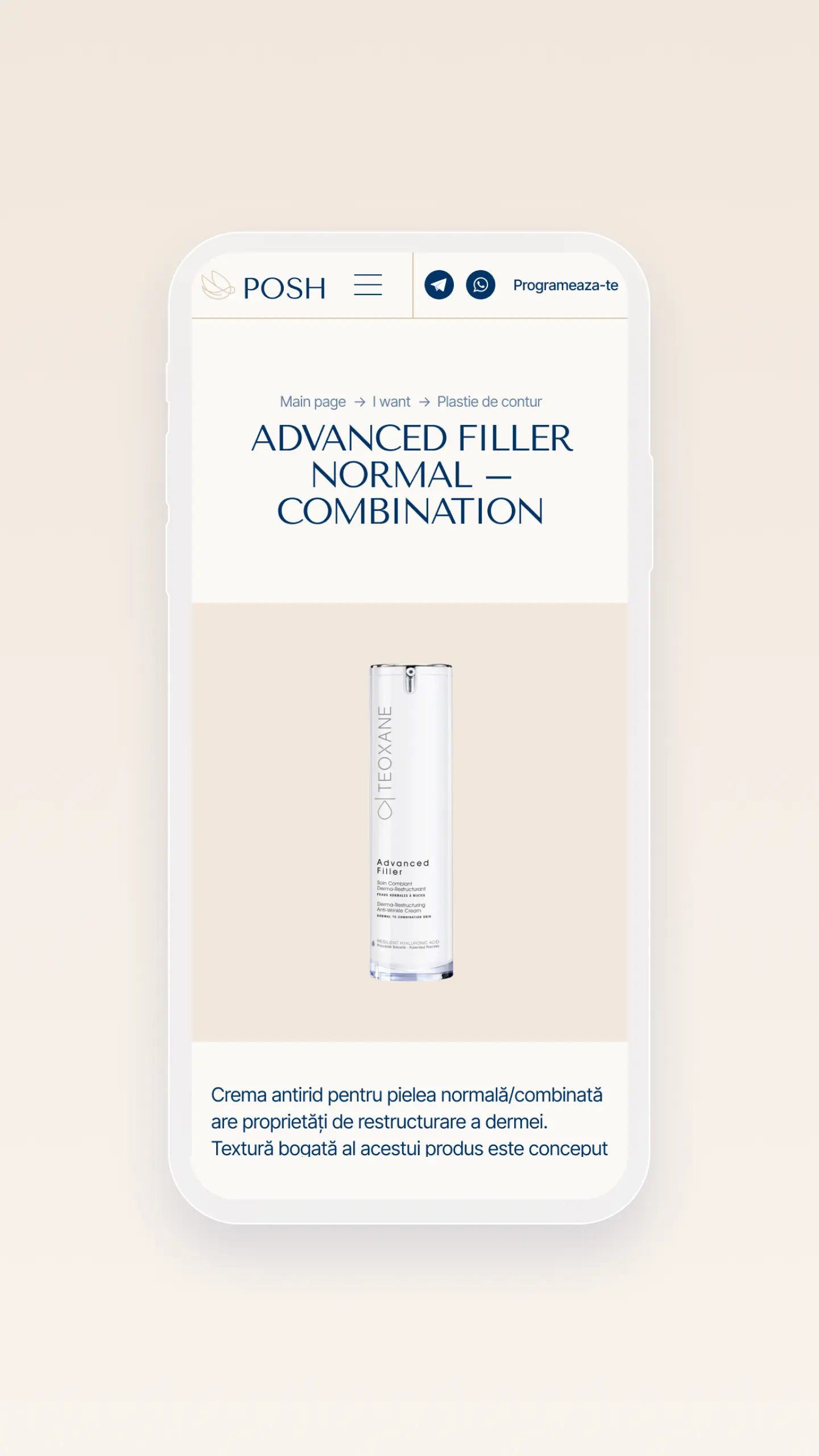 POSH Beauty Institute | Pagina detaliată produs afișată pe dispozitiv mobil | Informații despre utilizare, beneficii și recomandări dermatologice pentru îngrijirea tenului