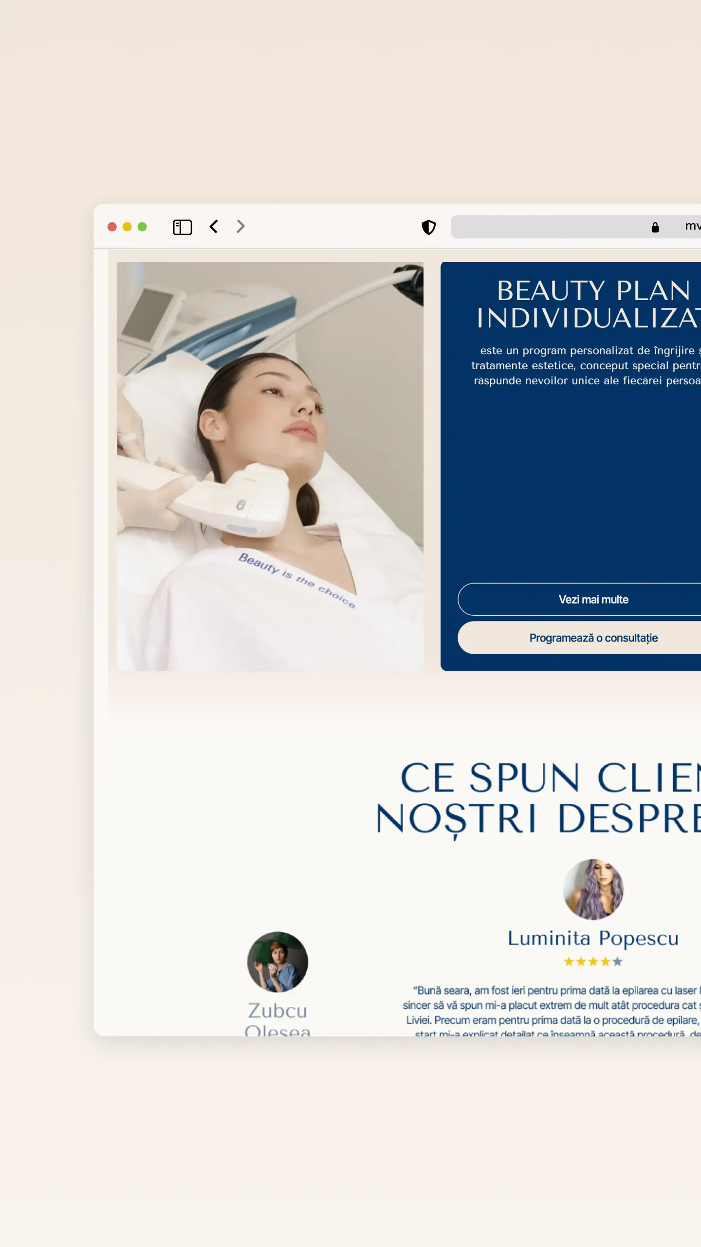 POSH Beauty Institute | Secțiune dedicată poveștii brandului și experienței medicale | Pagina include recenzii verificate ale clienților și prezentarea echipei de medici și esteticieni