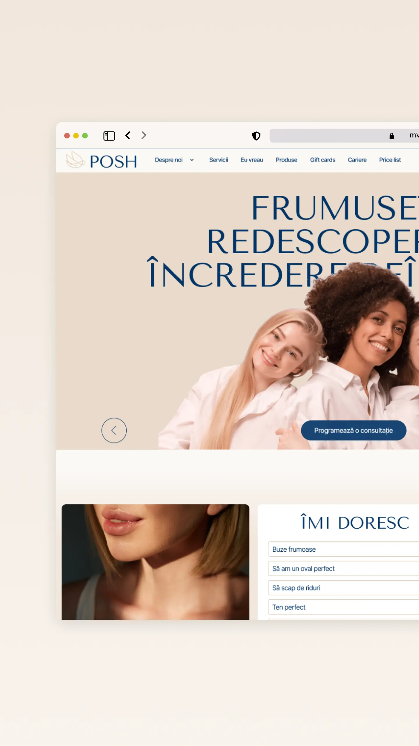 POSH Beauty Institute | Pagina principală a website-ului clinicii estetice | Prezentare vizuală a serviciilor premium: laser-terapie, epilare definitivă, rejuvenare facială, remodelare corporală și tratamente anti-aging