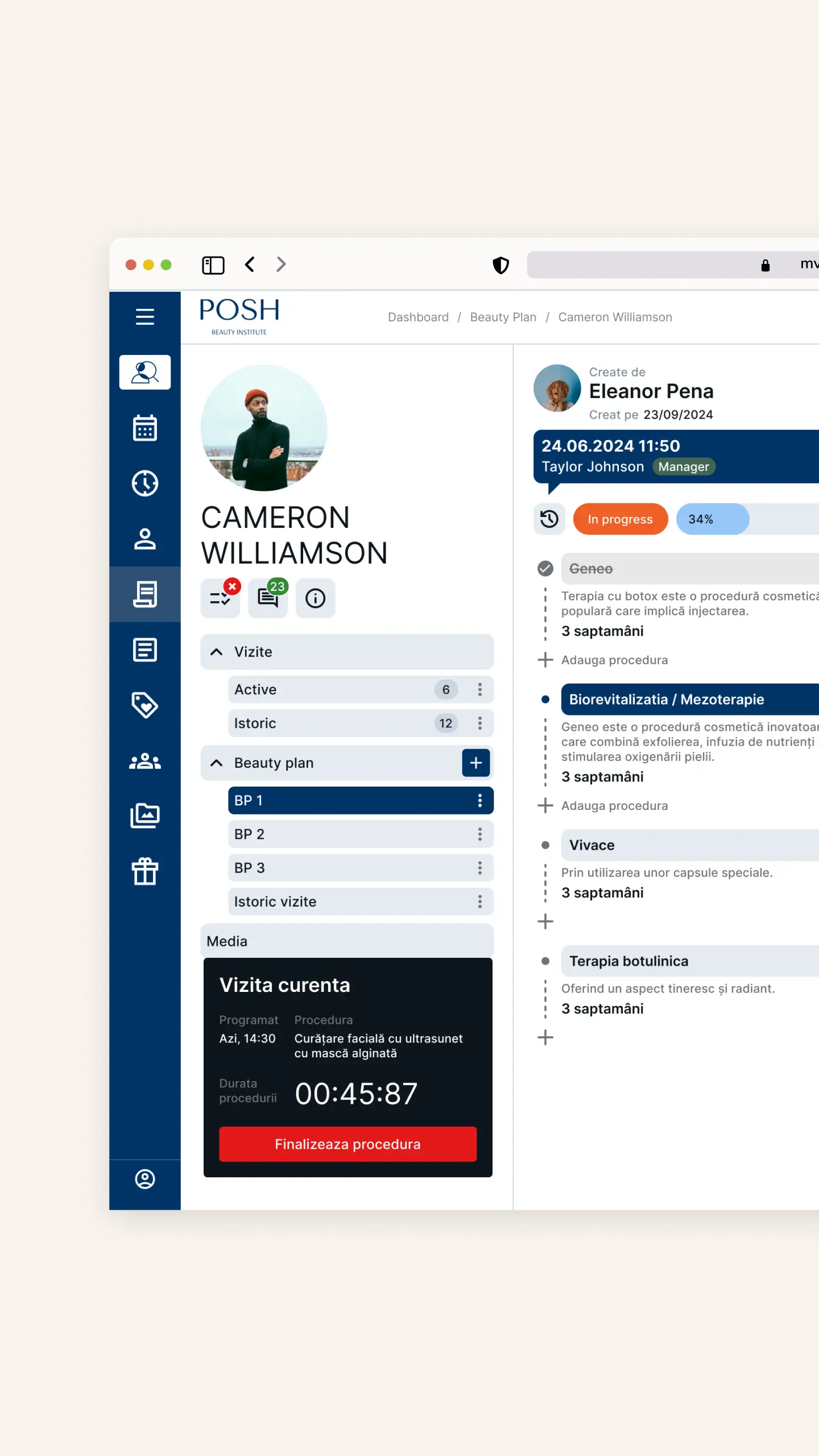 POSH Beauty CRM | Cartelă completă client cu detalii despre vizite, proceduri și comentarii per medic | Vizualizare sincronizată a istoricului medical și a sesiunilor finalizate