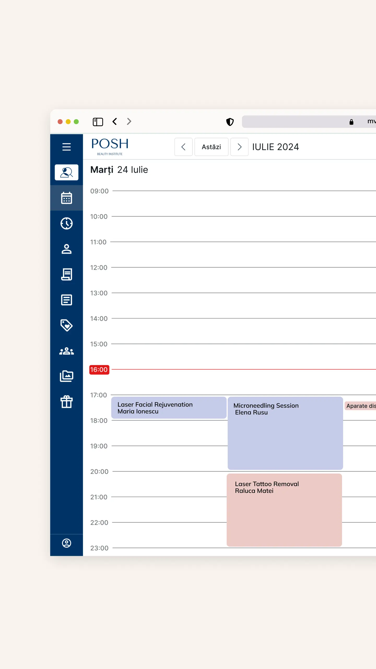 POSH Beauty CRM | Calendar interactiv de programări medicale | Vizualizare completă a sesiunilor, încărcării medicilor și disponibilităților în timp real pentru clinici estetice