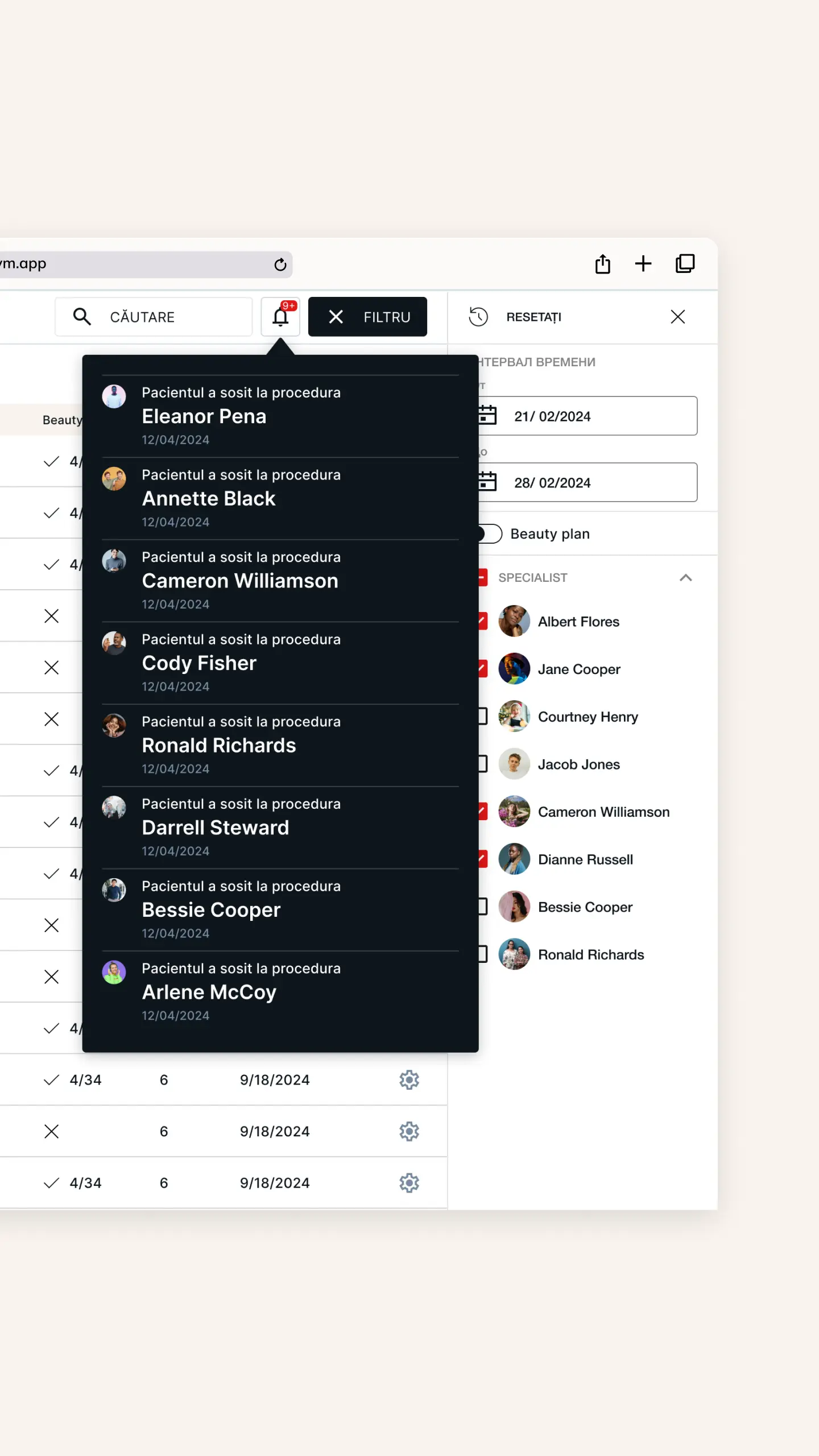 POSH Beauty CRM | Sistem integrat de notificări și sarcini | Alerte automate pentru programări, modificări de agendă și statusuri de tratament, personalizate pentru recepționeri, medici și manageri