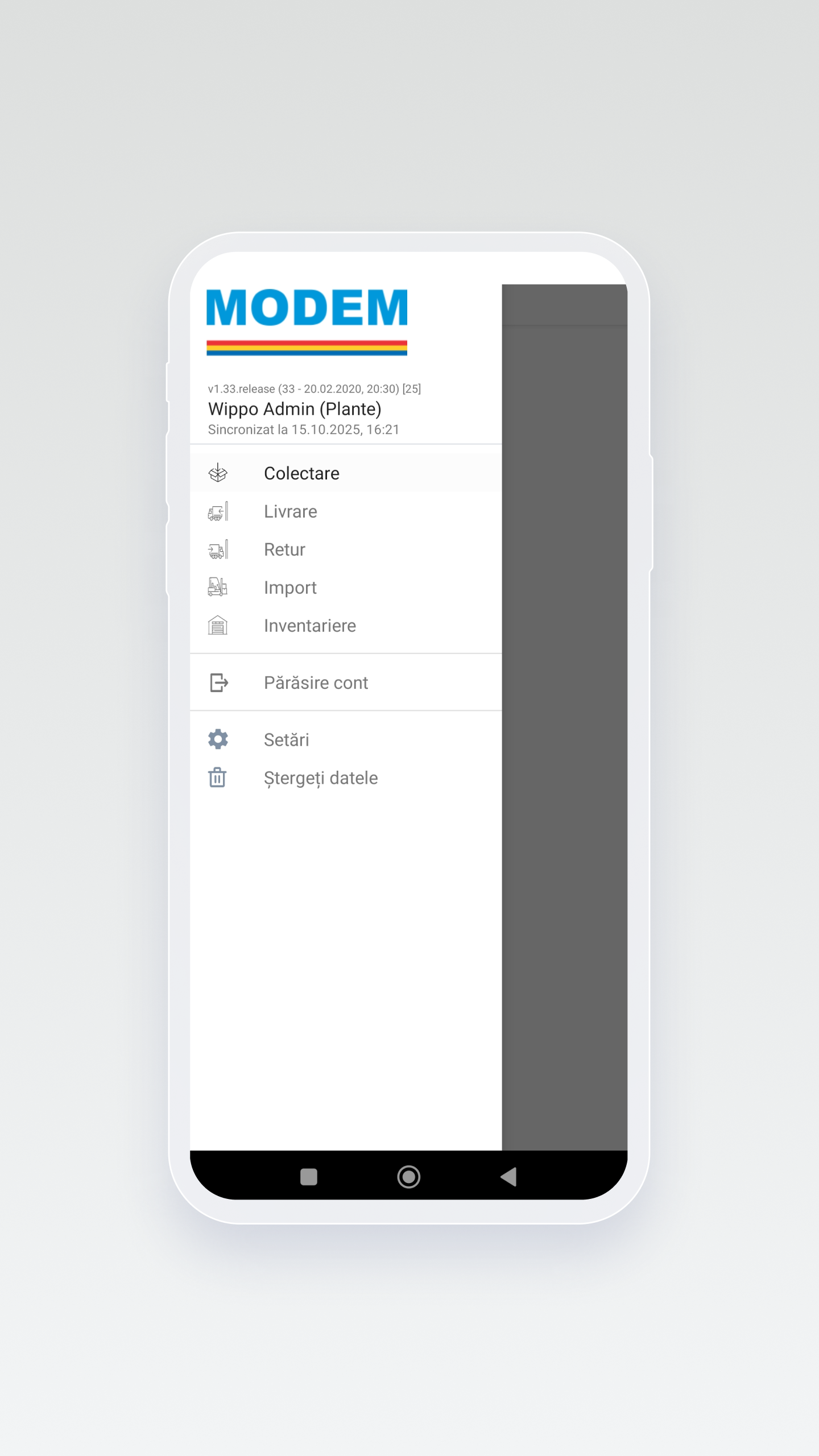 Aplicație mobilă pentru depozit | Modul central de lucru cu funcții pentru colectare comenzi, livrări, retururi, recepții și inventariere | Interfață clară și optimizată pentru utilizare zilnică