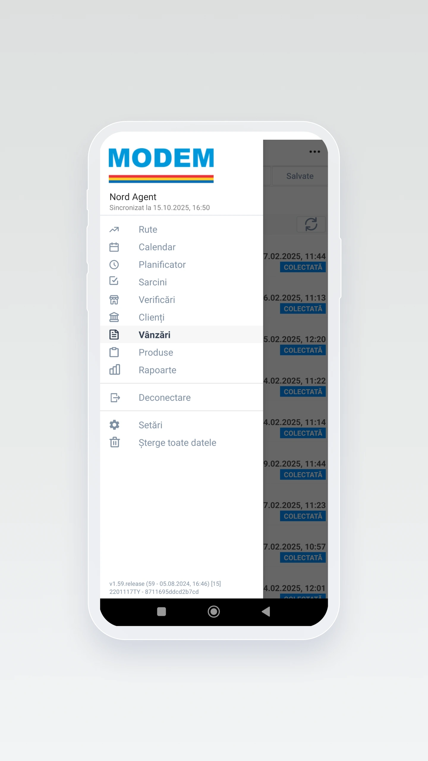 Interfață principală a aplicației MODEM Sales | Meniu cu module pentru Rute, Calendar, Planificator, Clienți, Vânzări, Produse și Rapoarte | Acces rapid la toate funcțiile de teren