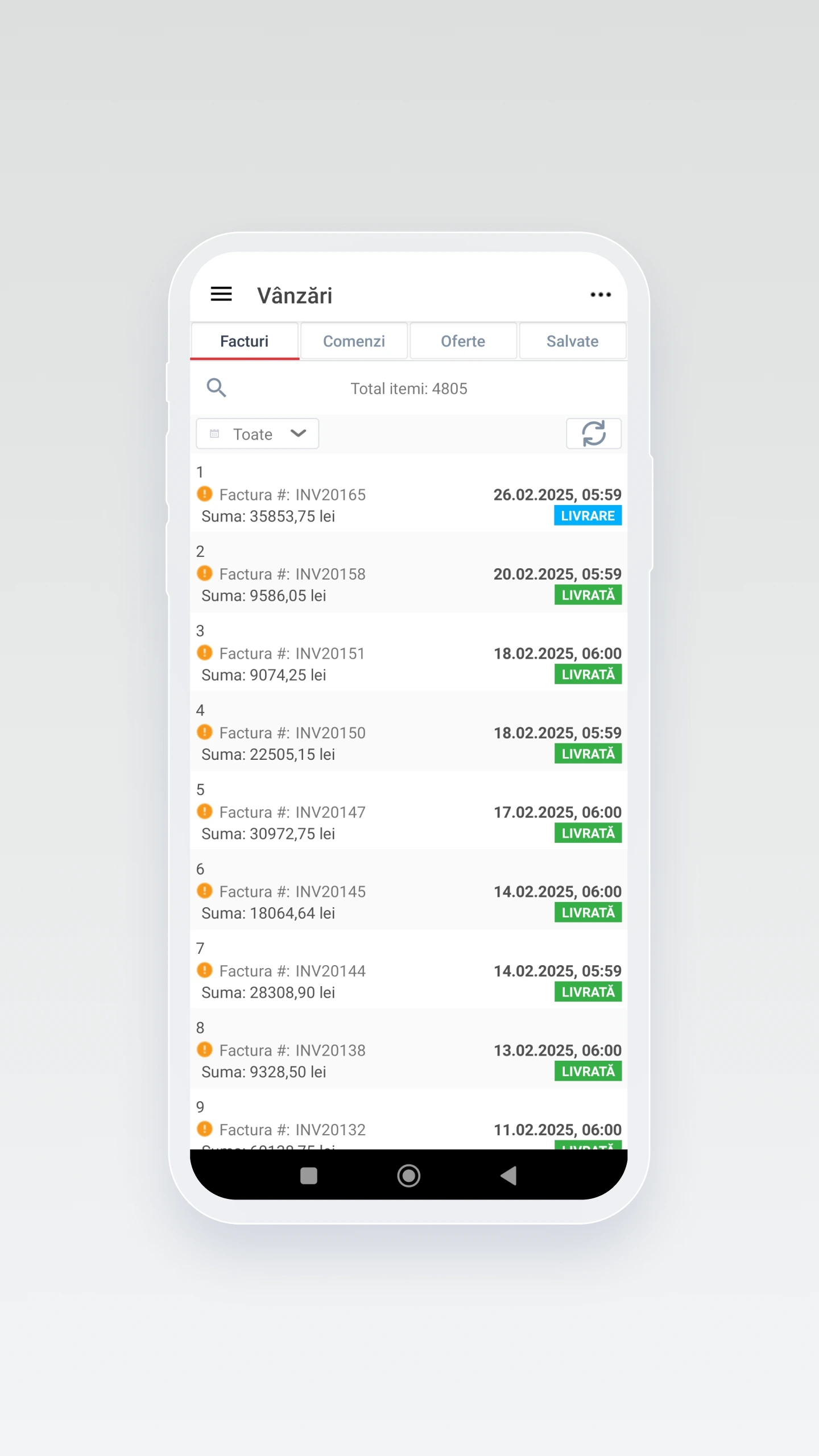 Aplicație mobilă vânzări | Modul dedicat comenzilor active și finalizate, cu afișarea statusurilor de procesare și livrare în timp real, sincronizat cu CRM-ul central